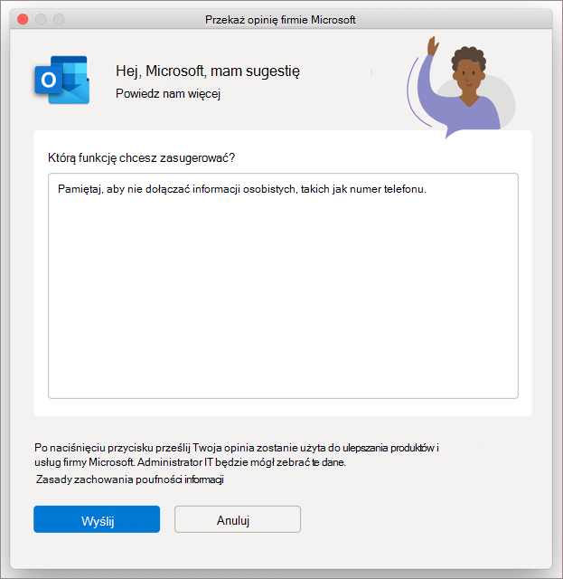Okno dialogowe Opinie dotyczące programu Outlook w systemie MacOS