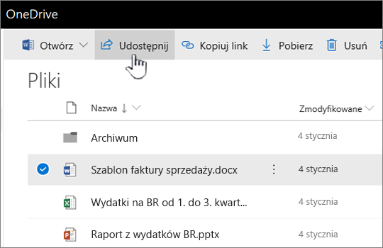 Usługa OneDrive z zaznaczonym plikiem i naciśniętym przyciskiem Udostępnij