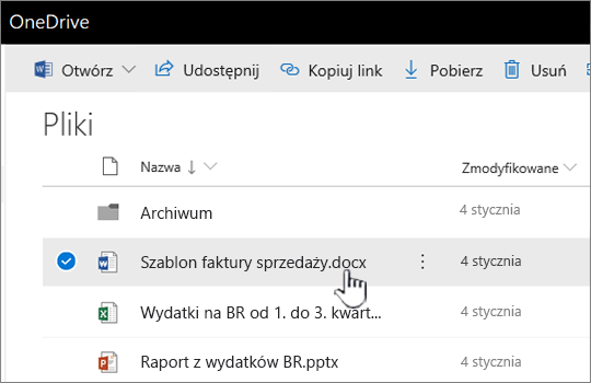 Plik zaznaczony w usłudze OneDrive