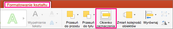 Przedstawia kartę Formatowanie kształtu w programie PowerPoint 2016 dla komputerów Mac