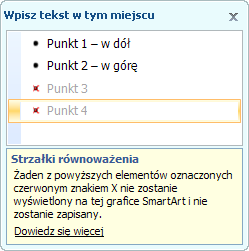 Okienko tekstu z czerwonym znakiem X