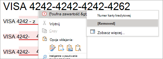 Zrzut ekranu przedstawiający wyróżnioną poufne dane w Word