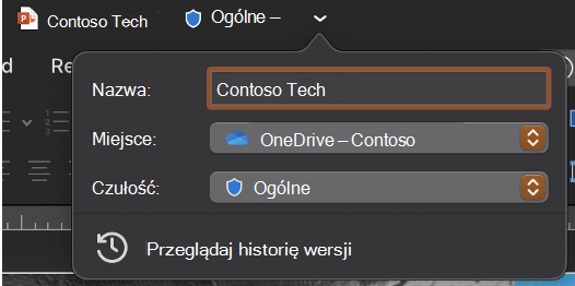Rozwinięta lista rozwijana paska tytułu z nazwą, lokalizacją i charakterem pliku.