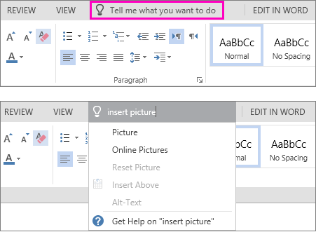Shows the tell me search box on the ribbon in Word Online.