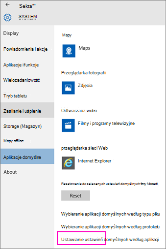 Zrzut ekranu przedstawiający link Wybierz aplikacje domyślne według protokołów w systemie Windows 10.
