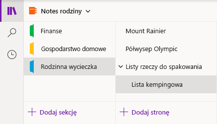 Interfejs nawigacji w programie OneNote dla systemu Windows 10