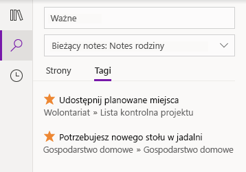 Rezultaty wyszukiwania tagów w programie OneNote dla systemu Windows 10