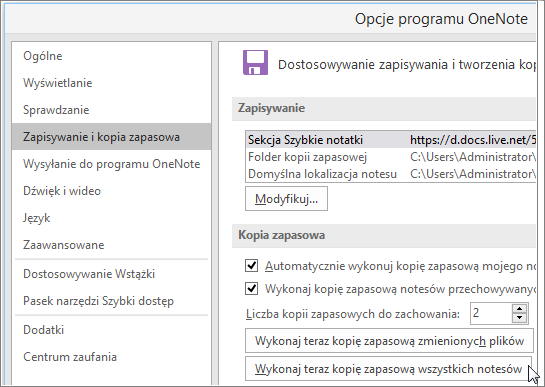 Screenshot of the OneNote Options dialog box in OneNote 2016.