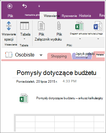 Zrzut ekranu przedstawiający nowy arkusz kalkulacyjny w programie OneNote 2016.
