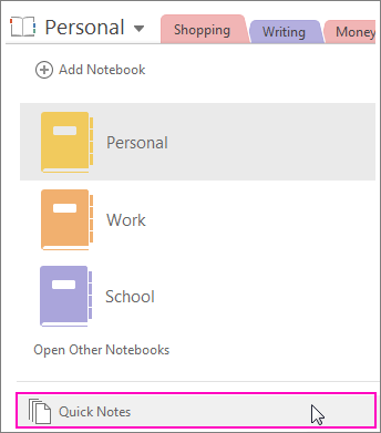 Zrzut ekranu przedstawiający okienko Notesy w programie OneNote 2016 z wyróżnionym notesem Szybkie notatki