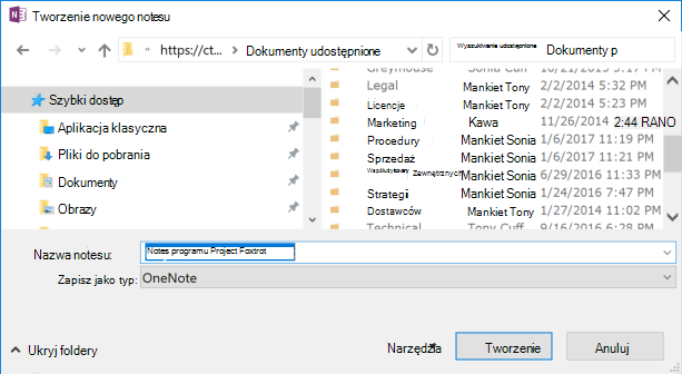Okno dialogowe Tworzenie nowego notesu w programie OneNote dla systemu Windows 2016