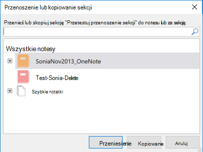 Okno dialogowe Przenoszenie lub kopiowanie sekcji w programie OneNote dla systemu Windows 2016