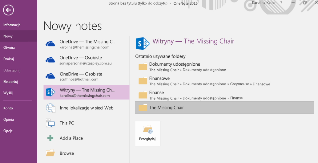 OneNote dla systemu Windows 2016 — Interfejs wyboru nowego folderu notesu