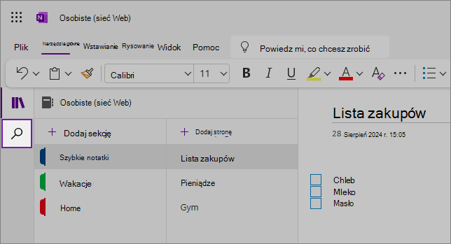 Wyświetl interfejs użytkownika programu OneNote pokazujący obszar zawartości