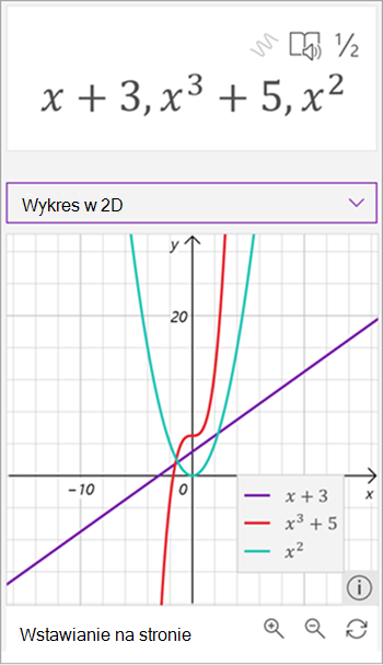 zrzut ekranu przedstawiający wykres matematyczny asystent wygenerowany na podstawie trzech równań: x plus 3 w kolorze fioletowym, od x do trzeciego plus 5 w kolorze czerwonym i x w kolorze zielonym.