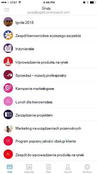 Przedstawia ekran Grupy z listą grup, takich jak Ingite 2016 i Zespół kadry kierowniczej wyższego szczebla.
