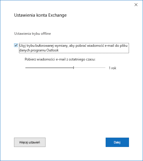 Okno dialogowe konfiguracji konta, strona Ustawienia konta programu Exchange.