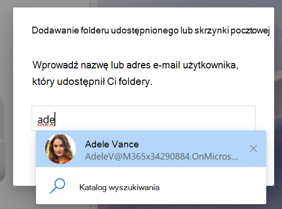 Zrzut ekranu przedstawiający funkcję Udostępnione dla mnie w celu dodania folderu udostępnionego lub skrzynki pocztowej