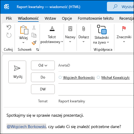 Wzmianka w programie Outlook