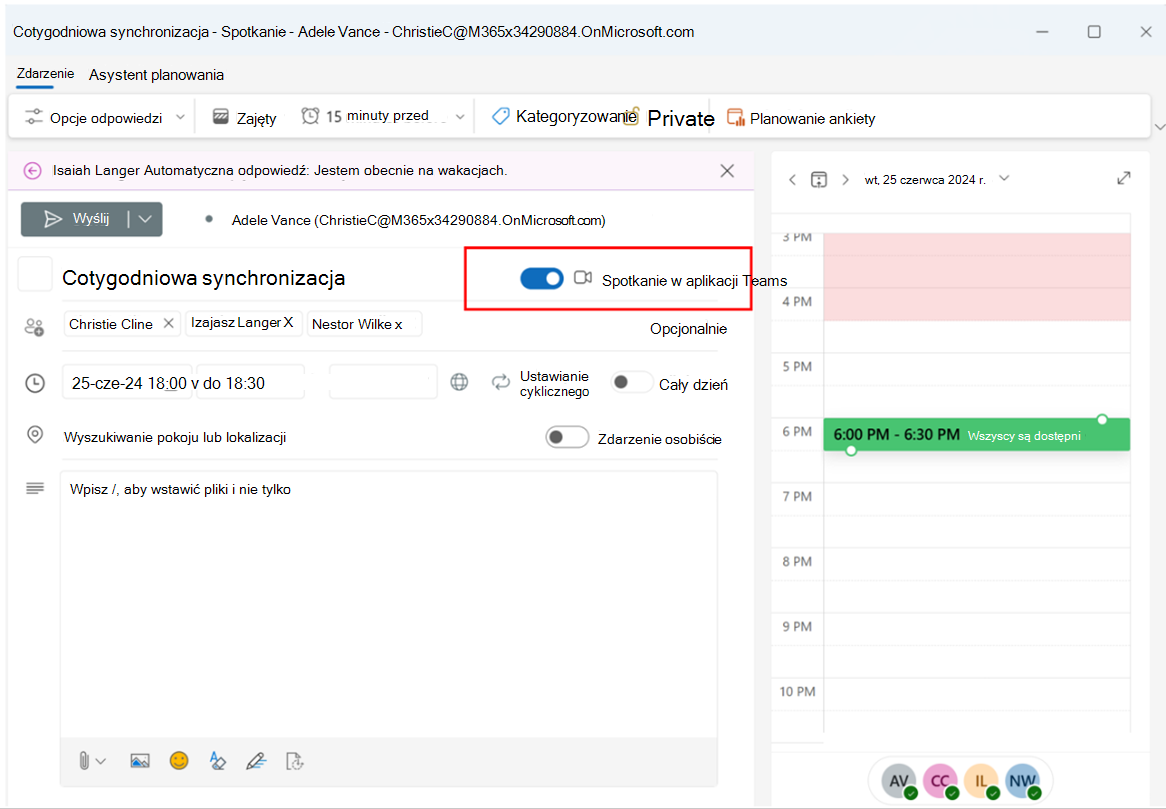 Zrzut ekranu przedstawiający przełącznik spotkania w aplikacji Teams jest włączony po dodaniu uczestników do spotkania