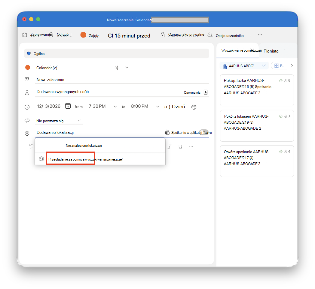 Przeglądanie za pomocą wyszukiwania pomieszczeń w Outlook dla komputerów Mac