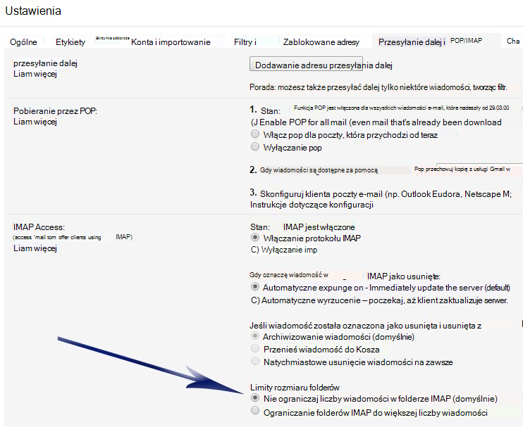 Pokazuje ekran Ustawienia. W sekcji Dostęp IMAP znajduje się strzałka wskazująca pierwszą opcję w obszarze Limity rozmiaru folderów (nie ograniczaj liczby wiadomości...).
