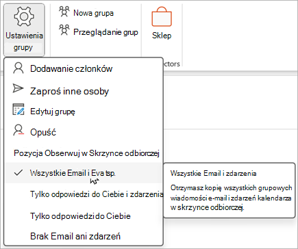 Wybierz pozycję Ustawienia grupy na wstążce, a następnie wybierz elementy, które chcesz obserwować lub które chcesz obserwować.