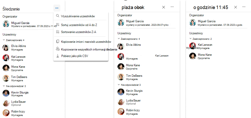 Zrzut ekranu przedstawiający kopiowanie i eksportowanie uczestników spotkania