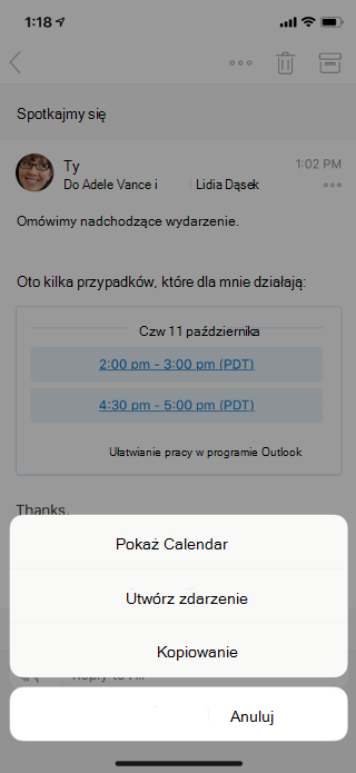Pokazuje wiadomość e-mail na ekranie urządzenia przenośnego. U dołu znajdują się opcje menu: Pokaż Calendar, Utwórz zdarzenie, Kopiuj i Anuluj.