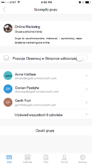 Przedstawia stronę Szczegóły grupy z przełącznikiem Obserwuj w skrzynce odbiorczej u góry.