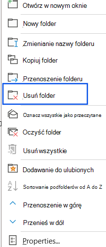 Zrzut ekranu przedstawiający opcję Usuń folder wybraną w okienku nawigacji.