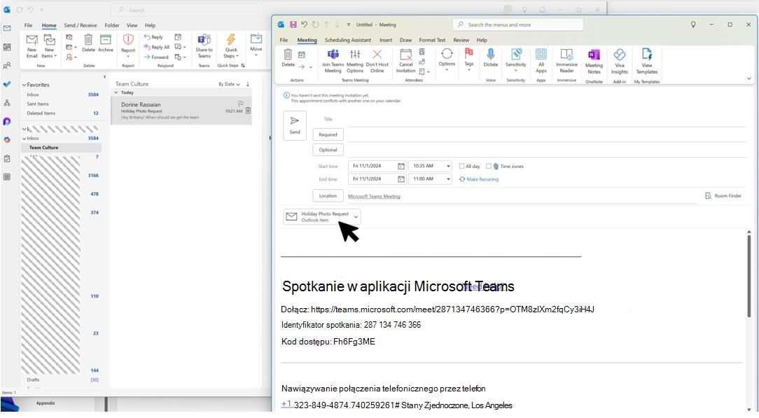 Zrzut ekranu przedstawiający przeciąganie i upuszczanie wiadomości e-mail i załączników w obszarze kalendarza