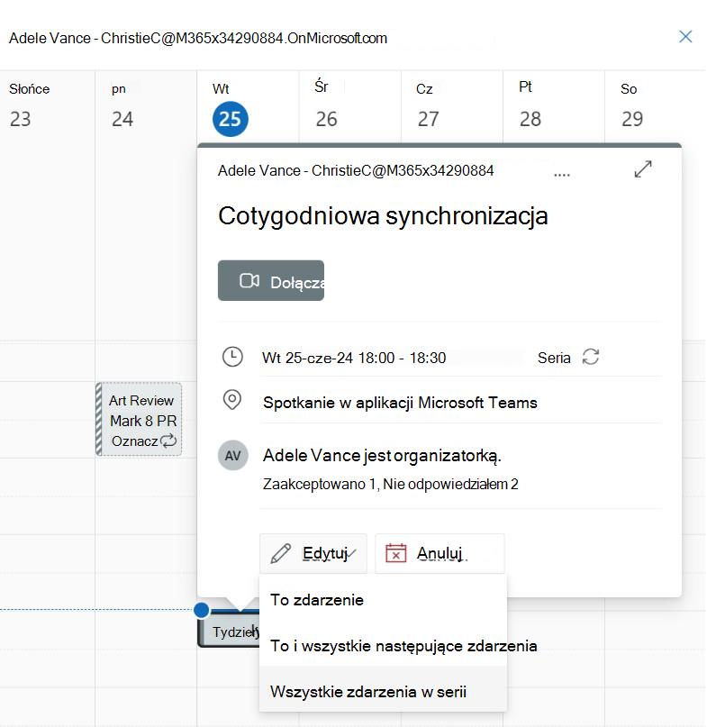 Zrzut ekranu przedstawiający edytowanie zdarzeń w serii