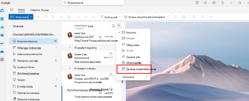 Zrzut ekranu przedstawiający administratorów wykonawczych, którzy mogą korzystać z filtru wiadomości e-mail z zaproszeniami do kalendarza
