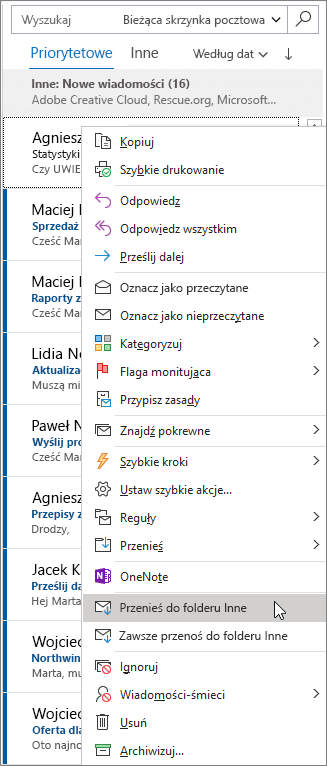 Priorytetowa skrzynka odbiorcza w programie Outlook