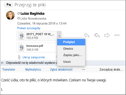 Wiadomości w okienku odczytu z wyróżnioną pozycją Podgląd załącznika