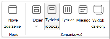 Zrzut ekranu przedstawiający wstążkę w nowym programie Outlook z opcjami umożliwiającymi zmianę widoku kalendarza