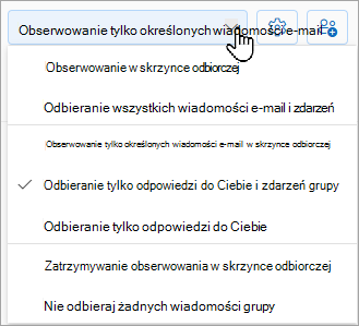 Na liście rozwijanej zostaną wyświetlone następujące opcje: obserwuj w skrzynce odbiorczej, śledź tylko określone wiadomości e-mail w skrzynce odbiorczej lub przestań obserwować w skrzynce odbiorczej.