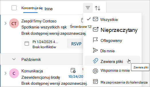 Wybierz pozycję Ma pliki, aby znaleźć wszystkie wiadomości z załącznikami.