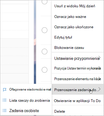 Naciśnij i przytrzymaj (lub kliknij prawym przyciskiem myszy), aby uzyskać dostęp do menu kontekstowego. Wybierz pozycję Przenieś zadania do ... i wybierz listę, do których chcesz przenieść zadanie.