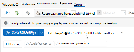 Rozpoczynanie korespondencji seryjnej z adresatami. Każdy adresat otrzyma własną kopię wiadomości e-mail bez listy innych adresatów.