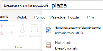 Wybierz pozycję Files, aby wyświetlić wyniki wyszukiwania tylko z załącznikami.