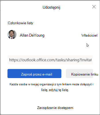 Możesz wybrać pozycję Zaproś pocztą e-mail lub kopiuj link, aby udostępnić listę innym osobom.