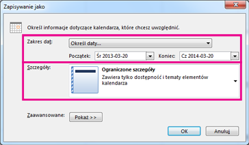 Zapisywanie kalendarza — wybieranie szczegółów