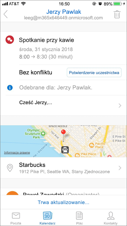 Zrzut ekranu przedstawiający ekran urządzenia przenośnego z elementem zaproszenia kalendarza.