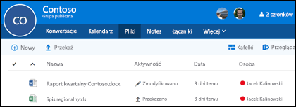 Kliknij Files w grupie Office 365, aby wyświetlić listę plików i folderów przechowywanych w grupie