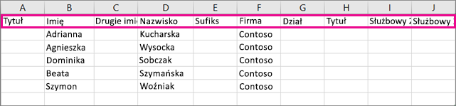 Poniżej przedstawiono wygląd przykładowego pliku .csv w programie Excel.