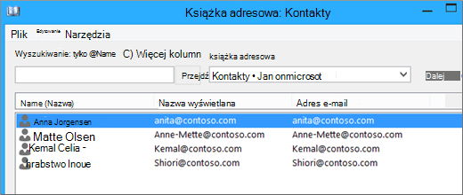 Kontakty zaimportowane z usługi Google Gmail do Office 365 będą widoczne w książce adresowej: Kontakty