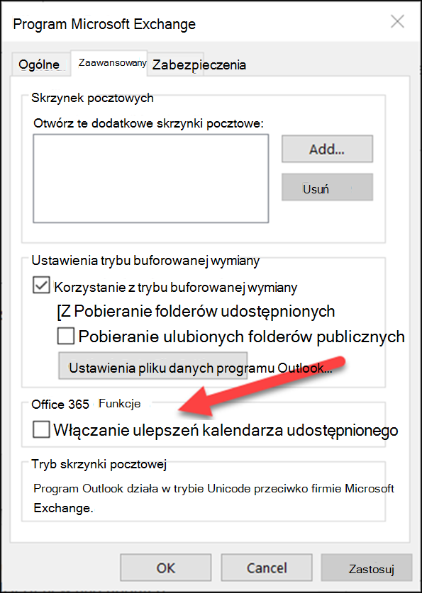 Możesz włączyć ulepszenia kalendarza udostępnionego za pomocą pola wyboru.