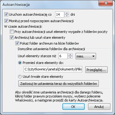 Okno dialogowe Ustawienia autoarchiwizacji